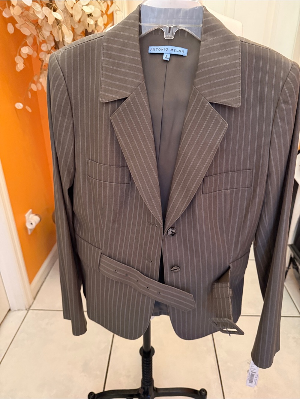 ANTONIO MELANI Brown Pinstripe Belted Women's Blazer